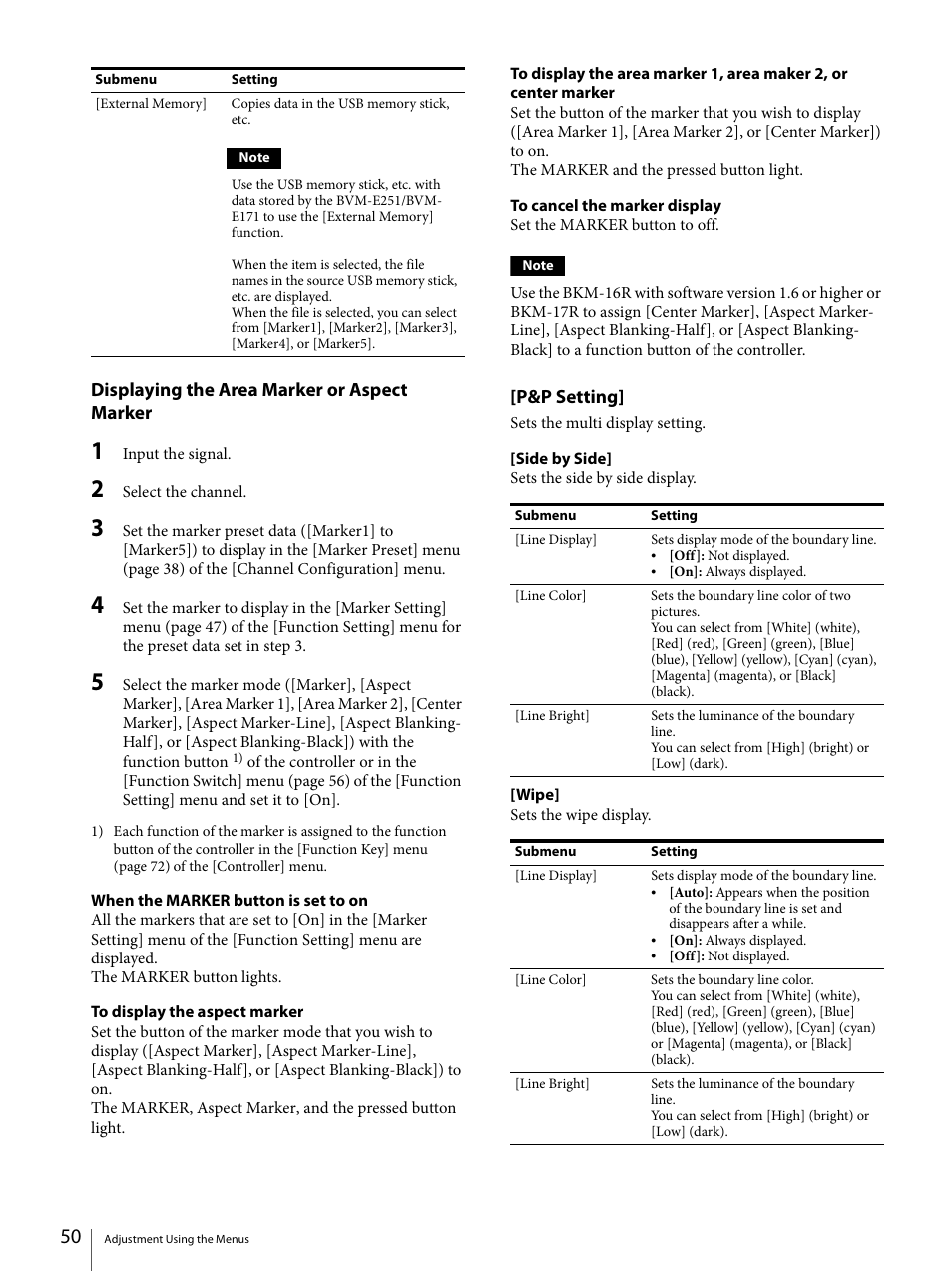 Displaying the area marker or aspect marker, P&p setting | Sony ECM-X7BMP Electret Condenser Lavalier Microphone for UWP Transmitters User Manual | Page 50 / 107
