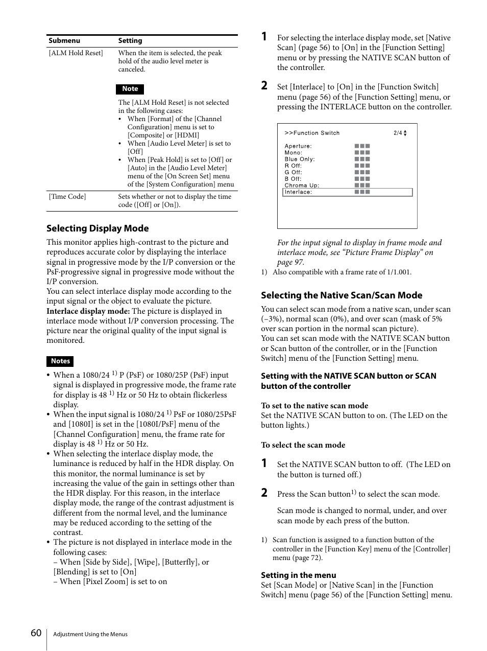 Selecting display mode, Selecting the native scan/scan mode | Sony ECM-X7BMP Electret Condenser Lavalier Microphone for UWP Transmitters User Manual | Page 60 / 107