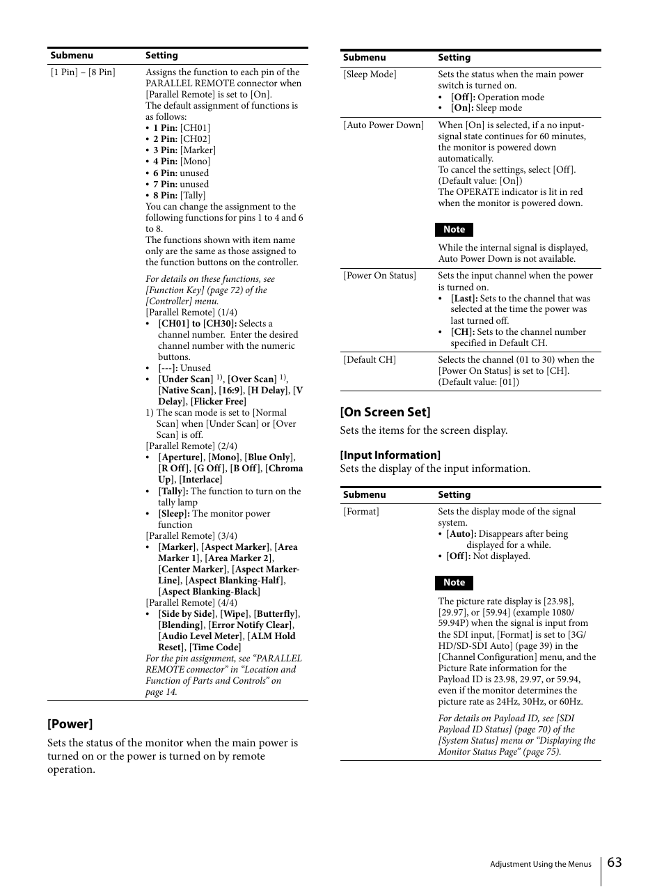 Power, On screen set | Sony ECM-X7BMP Electret Condenser Lavalier Microphone for UWP Transmitters User Manual | Page 63 / 107
