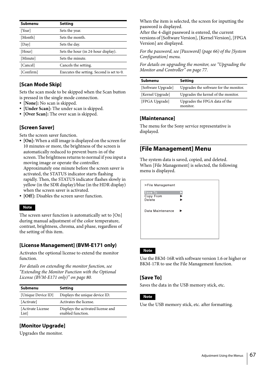 File management] menu, Scan mode skip, Screen saver | License management] (bvm-e171 only), Monitor upgrade, Maintenance, Save to | Sony ECM-X7BMP Electret Condenser Lavalier Microphone for UWP Transmitters User Manual | Page 67 / 107