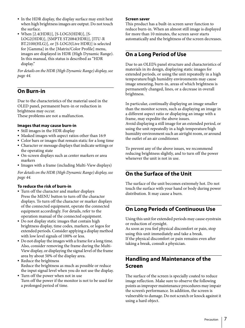 On burn-in, On a long period of use, On the surface of the unit | On long periods of continuous use, Handling and maintenance of the screen | Sony ECM-X7BMP Electret Condenser Lavalier Microphone for UWP Transmitters User Manual | Page 7 / 107