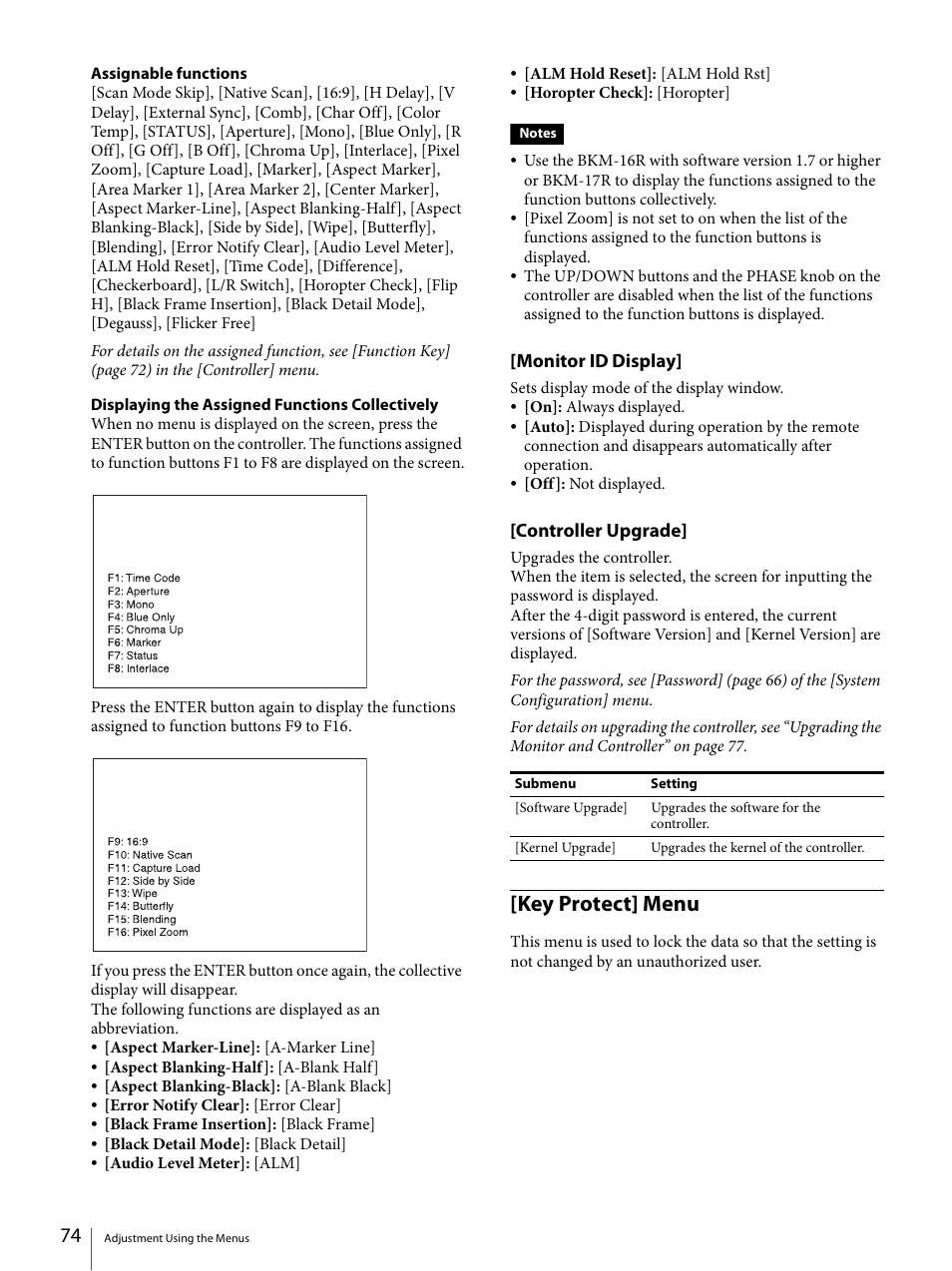 Key protect] menu, Monitor id display, Controller upgrade | Sony ECM-X7BMP Electret Condenser Lavalier Microphone for UWP Transmitters User Manual | Page 74 / 107