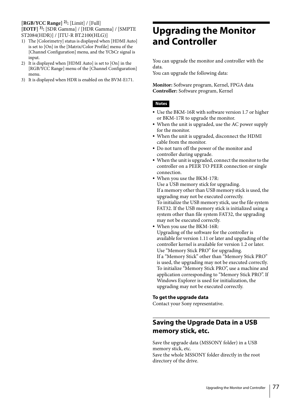 Upgrading the monitor and controller, Saving the upgrade data in a usb memory stick, etc, Saving the upgrade data in a usb memory | Stick, etc | Sony ECM-X7BMP Electret Condenser Lavalier Microphone for UWP Transmitters User Manual | Page 77 / 107