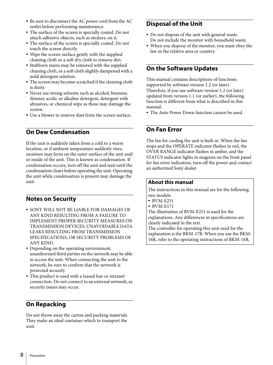 On dew condensation, Notes on security, On repacking | Disposal of the unit, On the software updates, On fan error, About this manual | Sony ECM-X7BMP Electret Condenser Lavalier Microphone for UWP Transmitters User Manual | Page 8 / 107