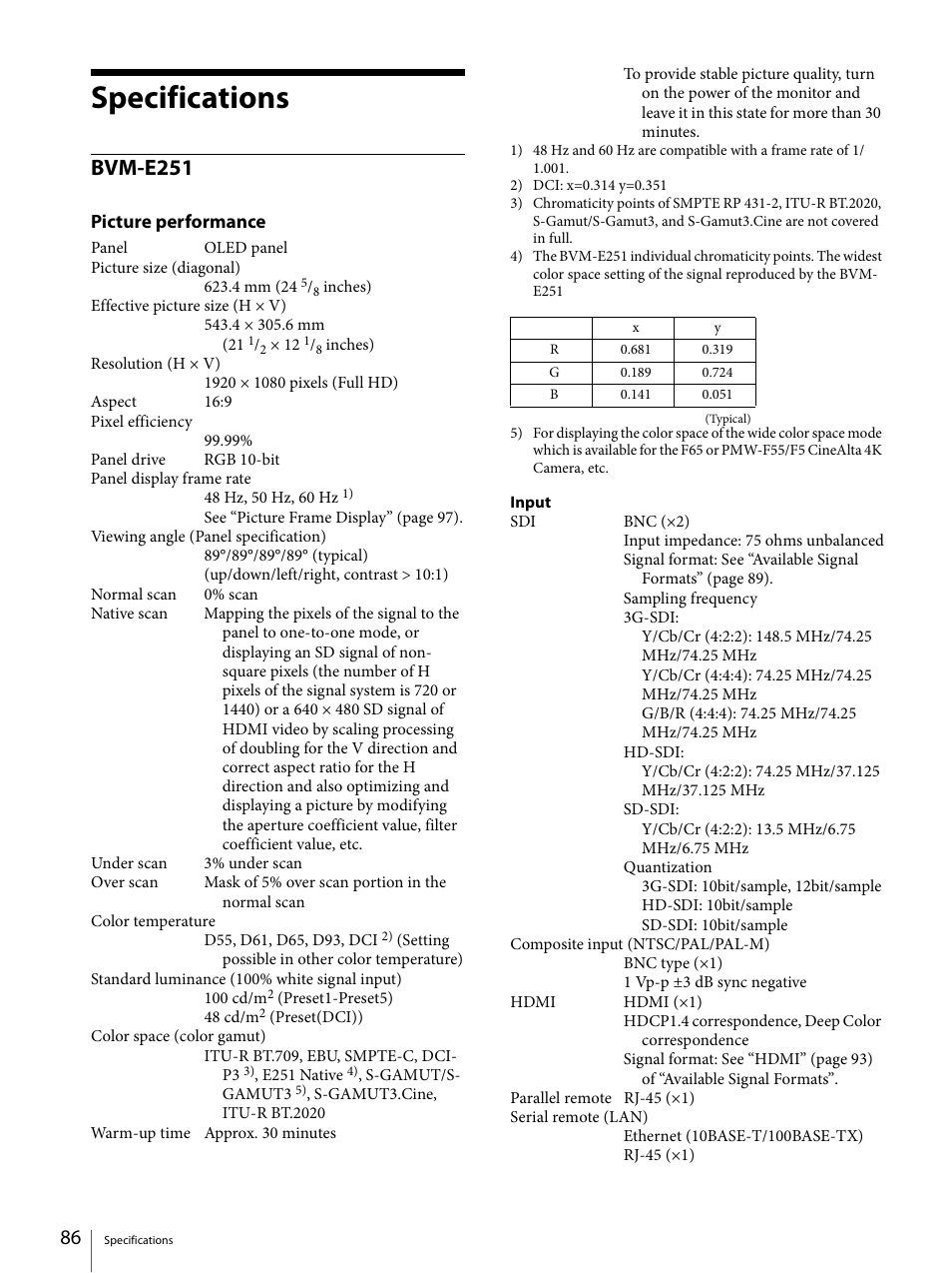 Specifications, Bvm-e251, Picture performance | Sony ECM-X7BMP Electret Condenser Lavalier Microphone for UWP Transmitters User Manual | Page 86 / 107