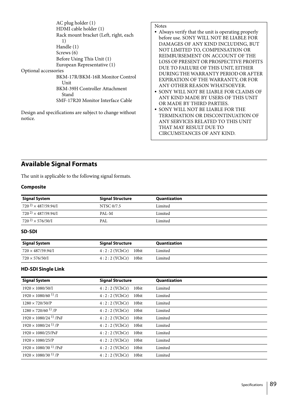 Available signal formats, Available signal | Sony ECM-X7BMP Electret Condenser Lavalier Microphone for UWP Transmitters User Manual | Page 89 / 107