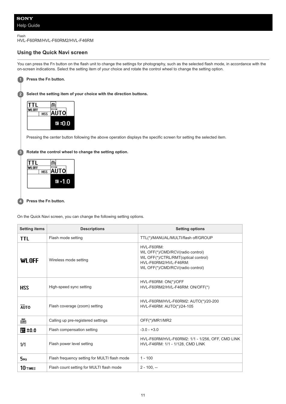 Using the quick navi screen | Sony ECM-M1 Compact Camera-Mount Digital Shotgun Microphone User Manual | Page 11 / 92