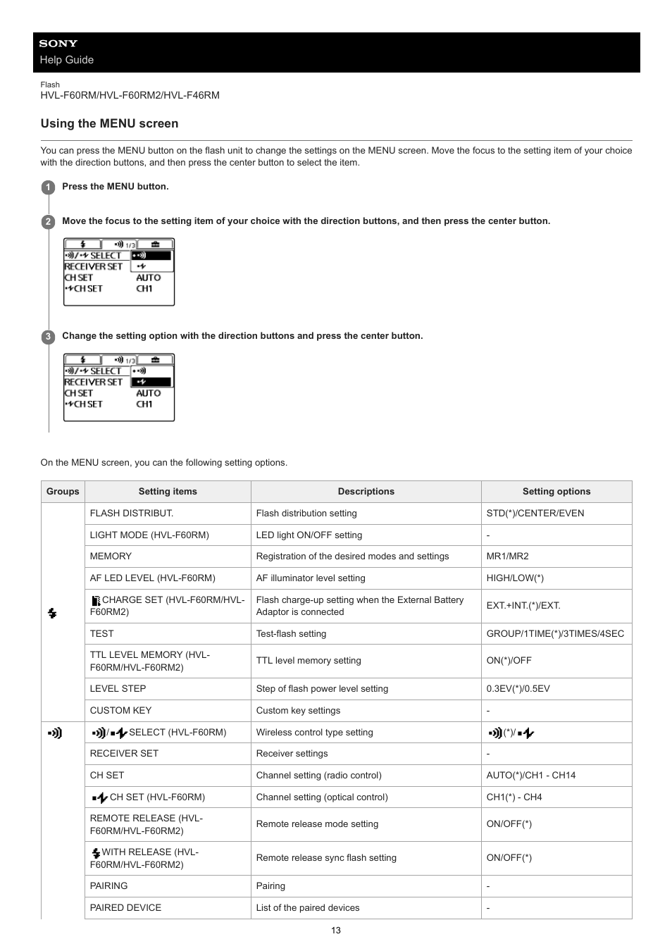 Using the menu screen | Sony ECM-M1 Compact Camera-Mount Digital Shotgun Microphone User Manual | Page 13 / 92