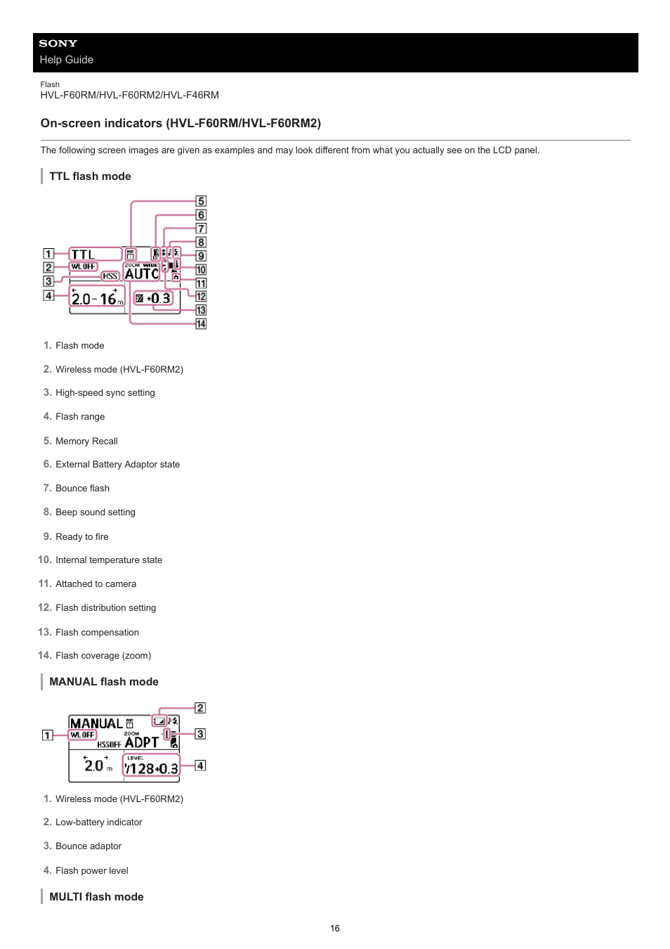 On-screen indicators (hvl-f60rm/hvl-f60rm2) | Sony ECM-M1 Compact Camera-Mount Digital Shotgun Microphone User Manual | Page 16 / 92