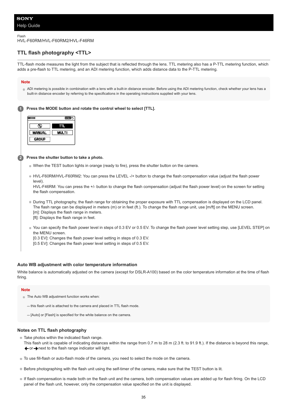 Ttl flash photography <ttl | Sony ECM-M1 Compact Camera-Mount Digital Shotgun Microphone User Manual | Page 35 / 92
