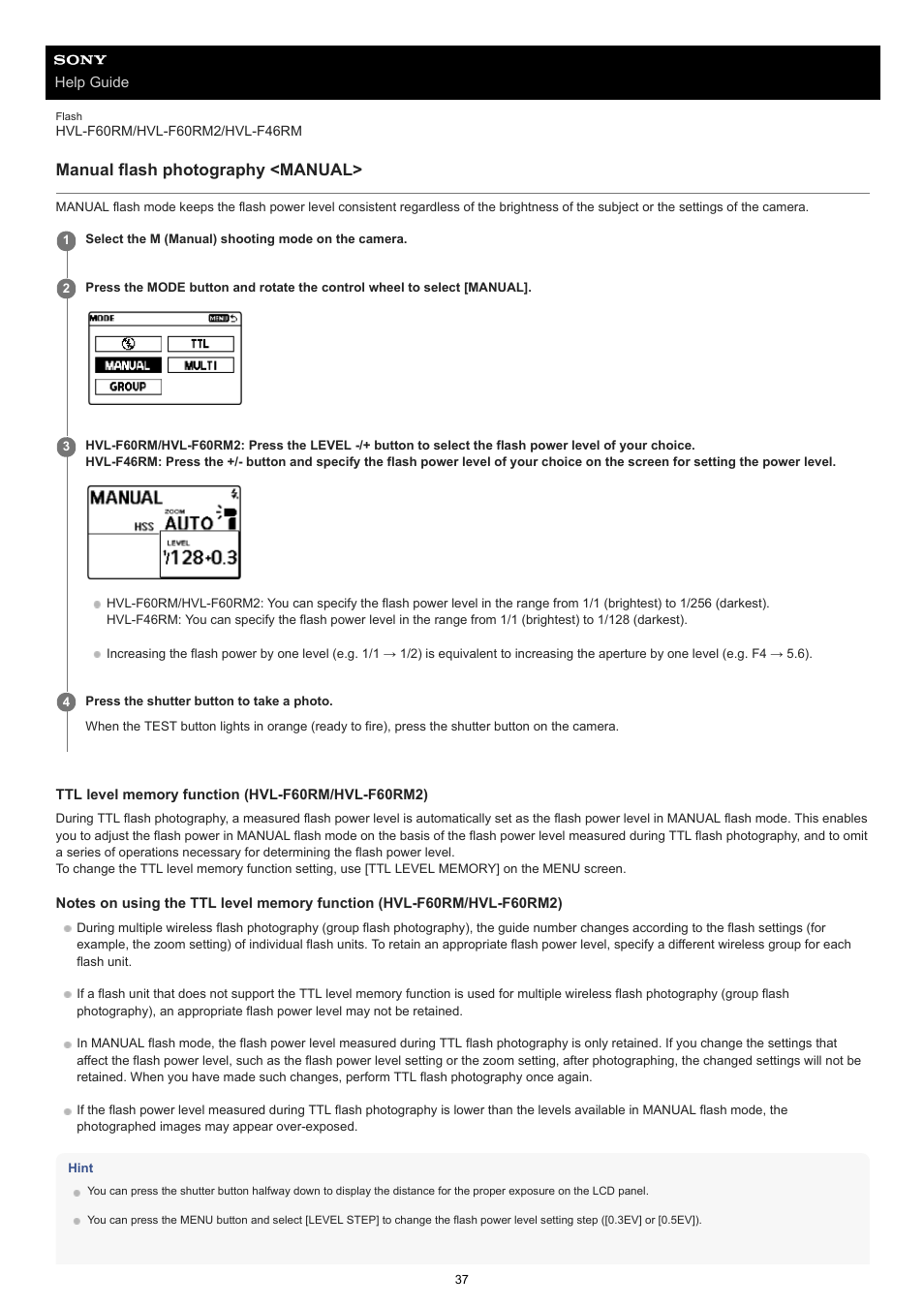 Manual flash photography <manual | Sony ECM-M1 Compact Camera-Mount Digital Shotgun Microphone User Manual | Page 37 / 92