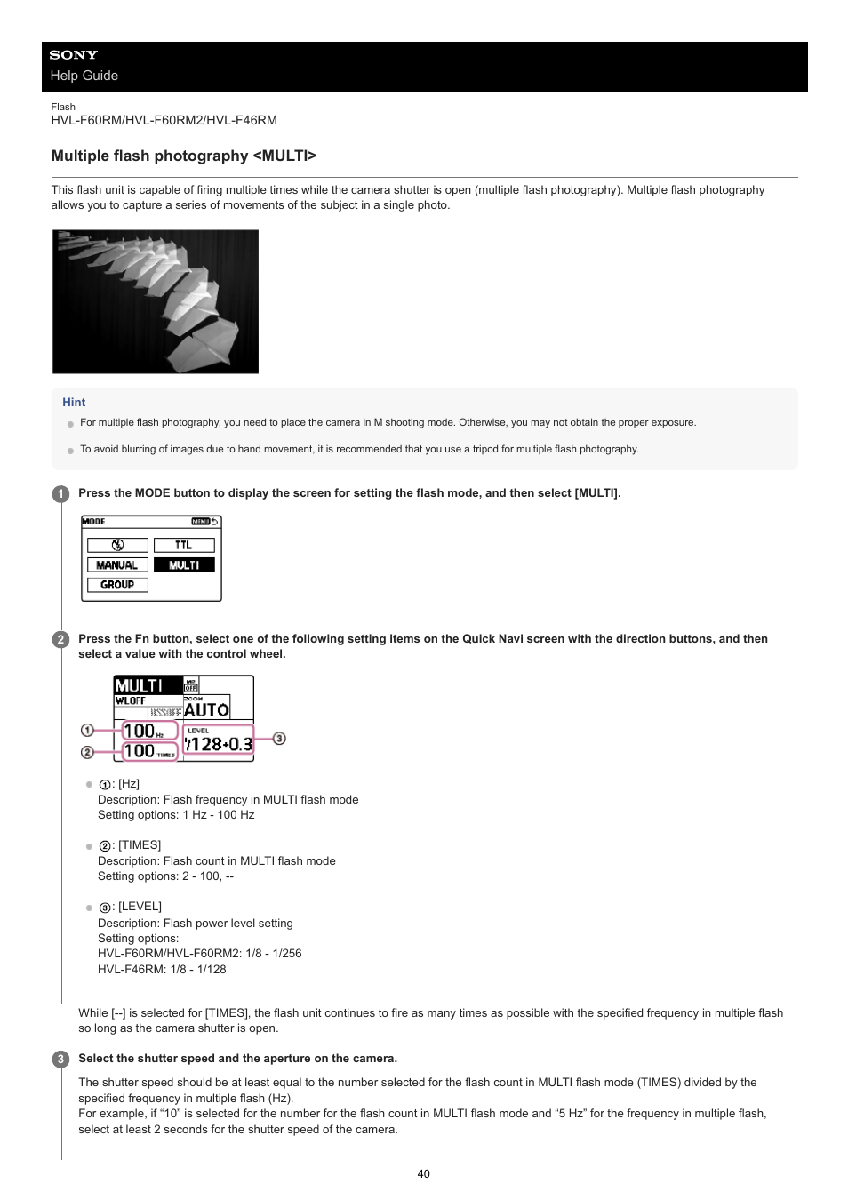 Multiple flash photography <multi | Sony ECM-M1 Compact Camera-Mount Digital Shotgun Microphone User Manual | Page 40 / 92