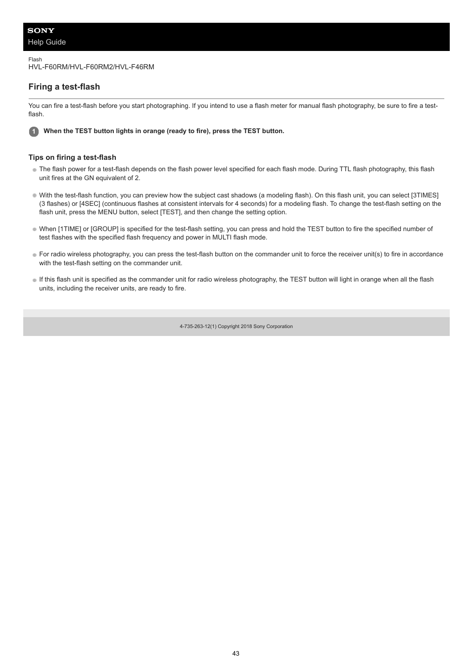 Firing a test-flash | Sony ECM-M1 Compact Camera-Mount Digital Shotgun Microphone User Manual | Page 43 / 92