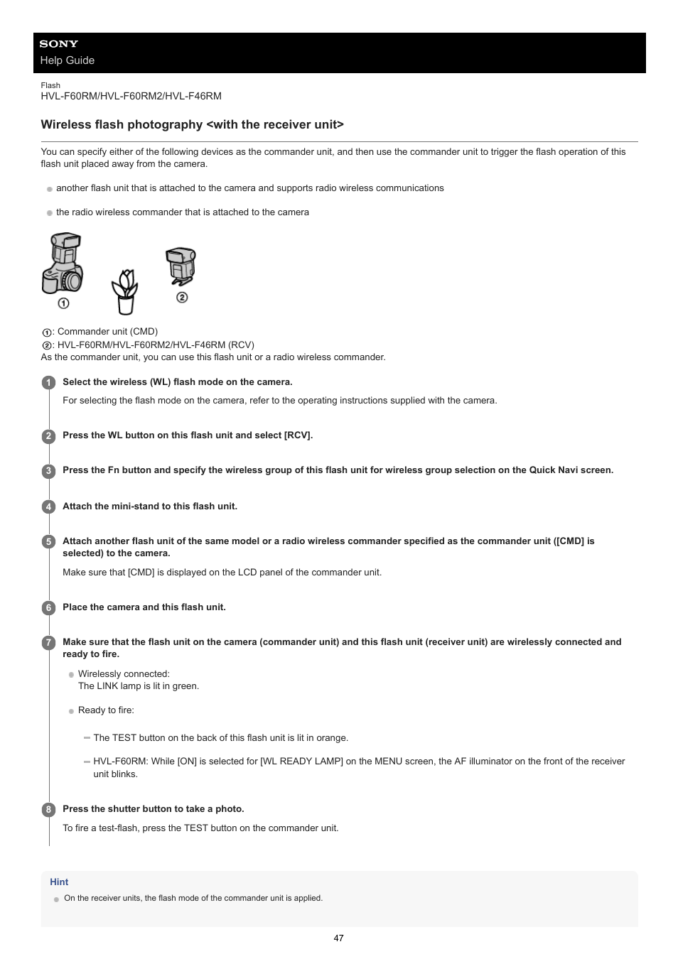 Wireless flash photography <with the receiver unit | Sony ECM-M1 Compact Camera-Mount Digital Shotgun Microphone User Manual | Page 47 / 92