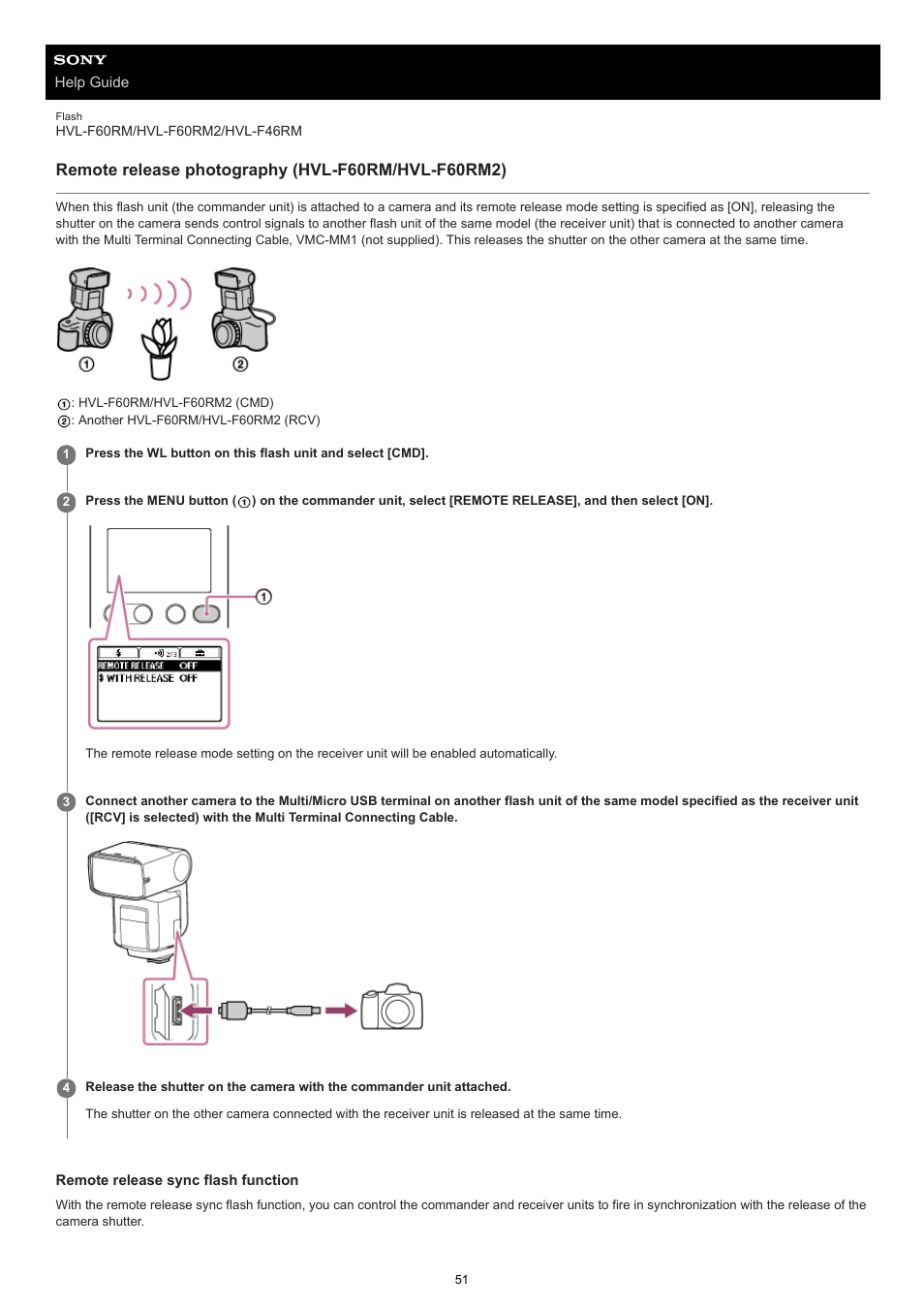 Remote release photography (hvl-f60rm/hvl-f60rm2) | Sony ECM-M1 Compact Camera-Mount Digital Shotgun Microphone User Manual | Page 51 / 92
