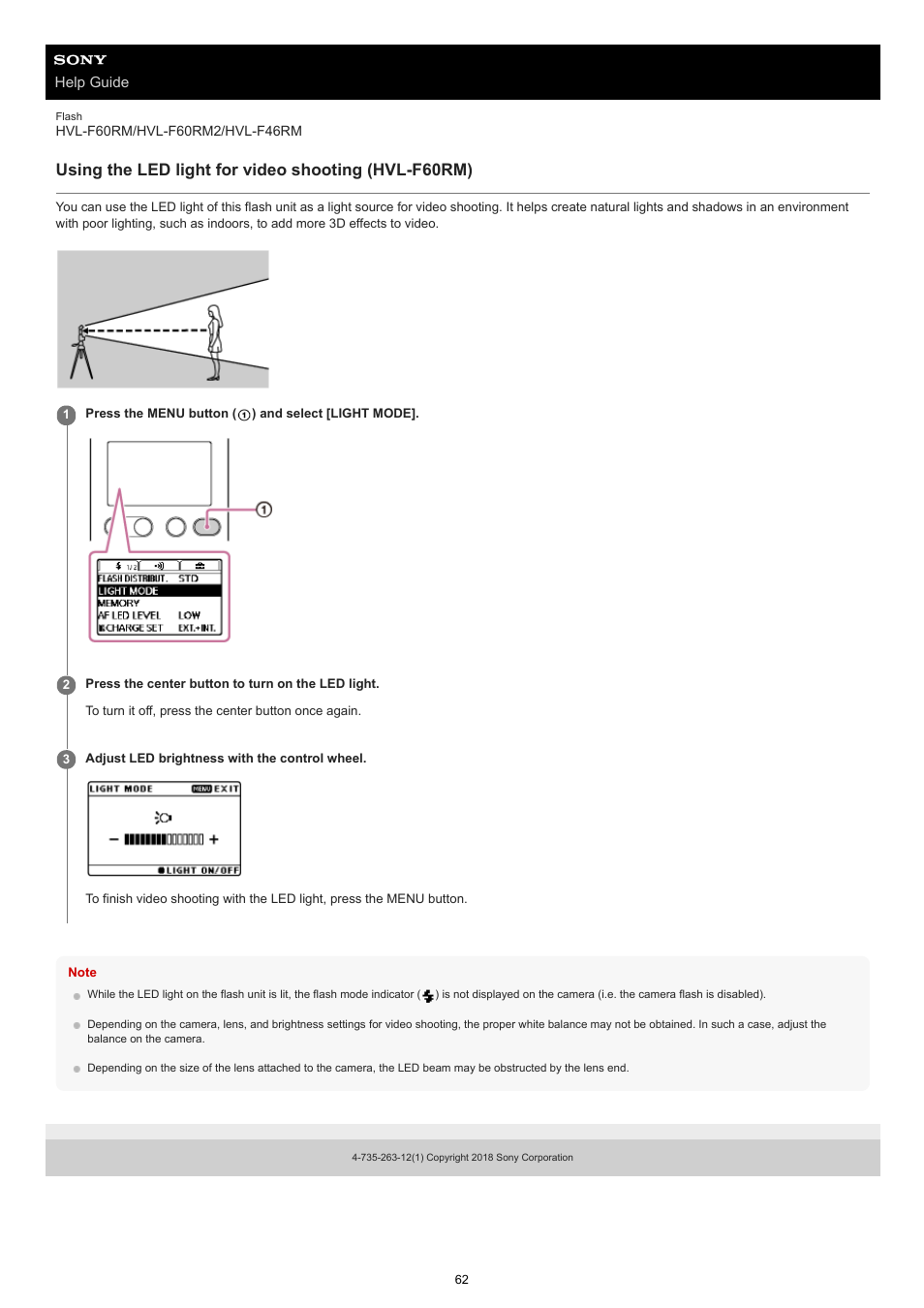 Using the led light for video shooting (hvl-f60rm) | Sony ECM-M1 Compact Camera-Mount Digital Shotgun Microphone User Manual | Page 62 / 92