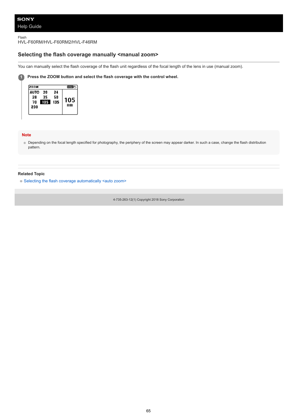 Selecting the flash coverage manually <manual zoom | Sony ECM-M1 Compact Camera-Mount Digital Shotgun Microphone User Manual | Page 65 / 92