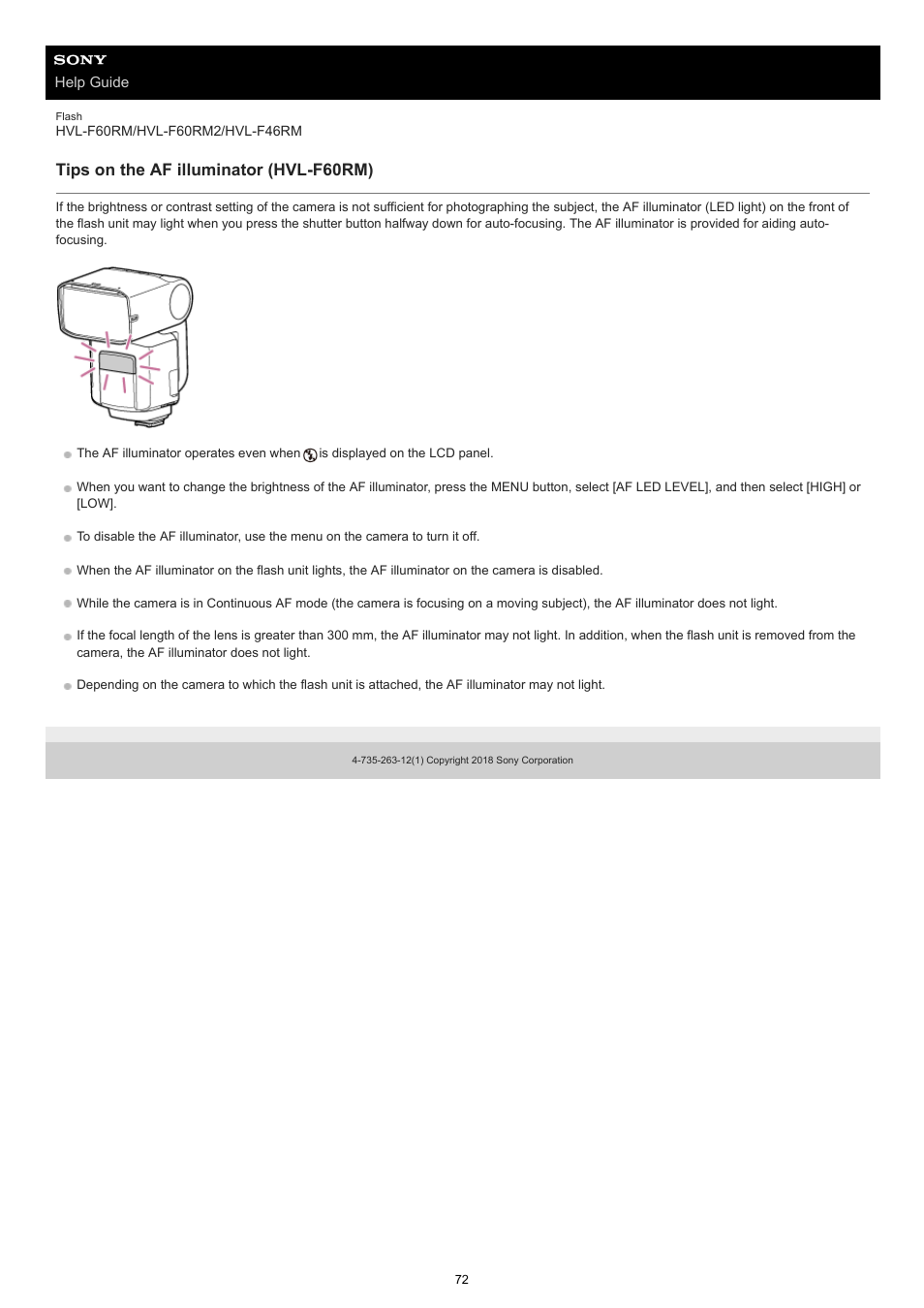 Tips on the af illuminator (hvl-f60rm) | Sony ECM-M1 Compact Camera-Mount Digital Shotgun Microphone User Manual | Page 72 / 92