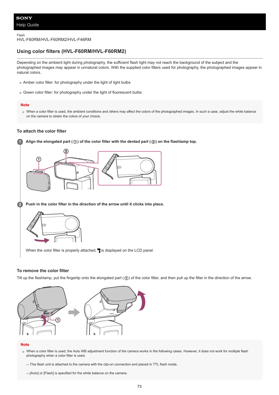 Using color filters (hvl-f60rm/hvl-f60rm2) | Sony ECM-M1 Compact Camera-Mount Digital Shotgun Microphone User Manual | Page 73 / 92