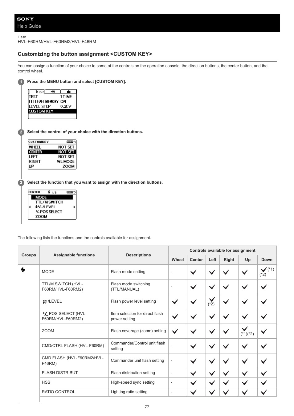 Customizing the button assignment <custom key | Sony ECM-M1 Compact Camera-Mount Digital Shotgun Microphone User Manual | Page 77 / 92