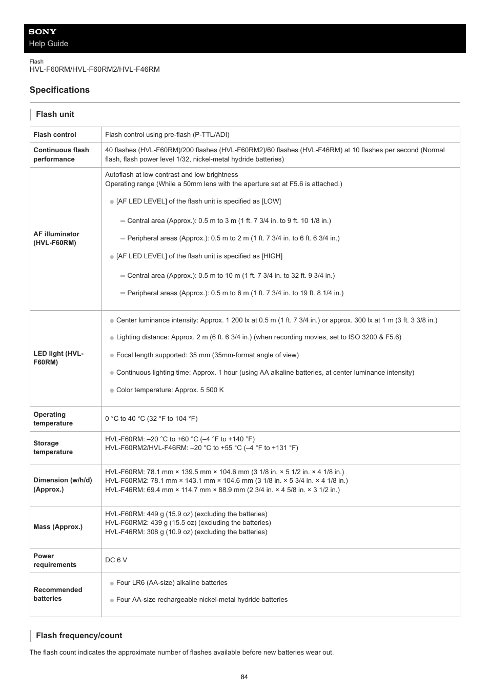 Specifications | Sony ECM-M1 Compact Camera-Mount Digital Shotgun Microphone User Manual | Page 84 / 92