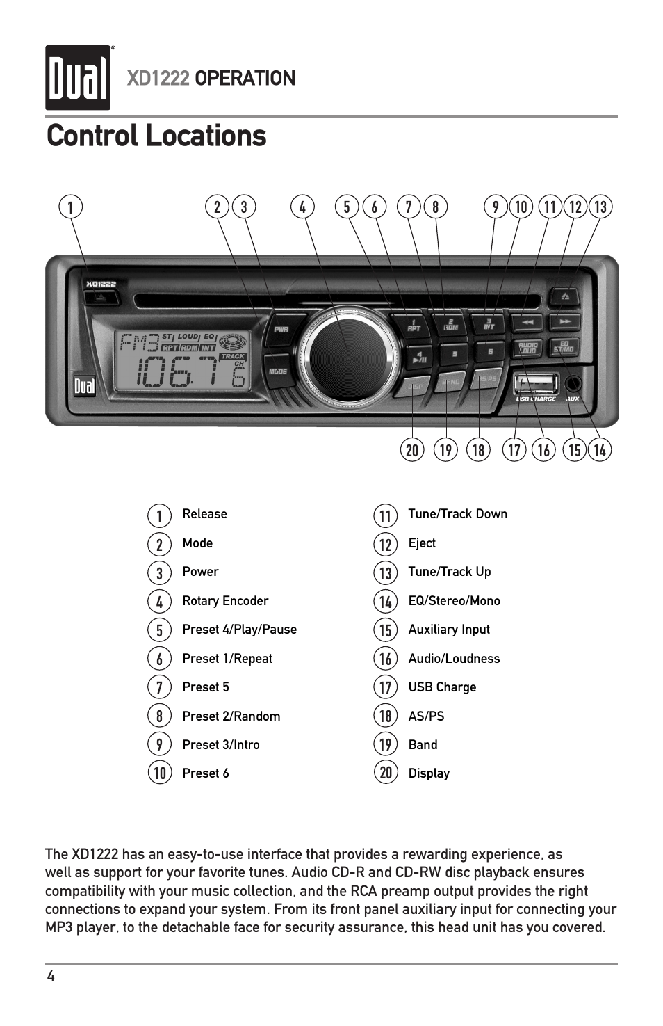 Control locations, Xd1222 operation | Dual XD1222 User Manual | Page 4 / 12