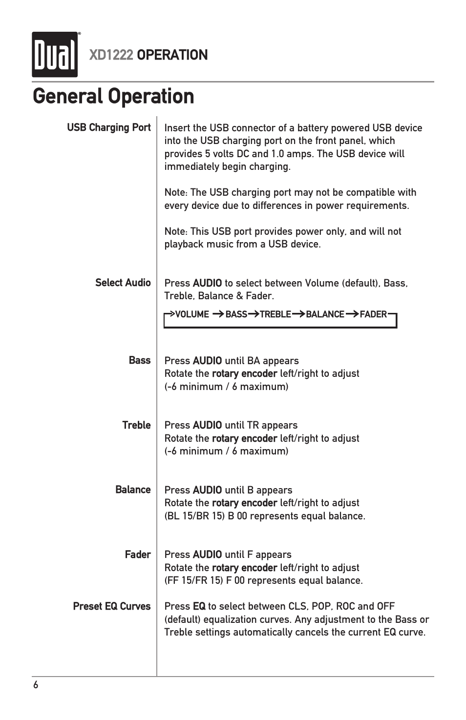 General operation, Xd1222 operation | Dual XD1222 User Manual | Page 6 / 12