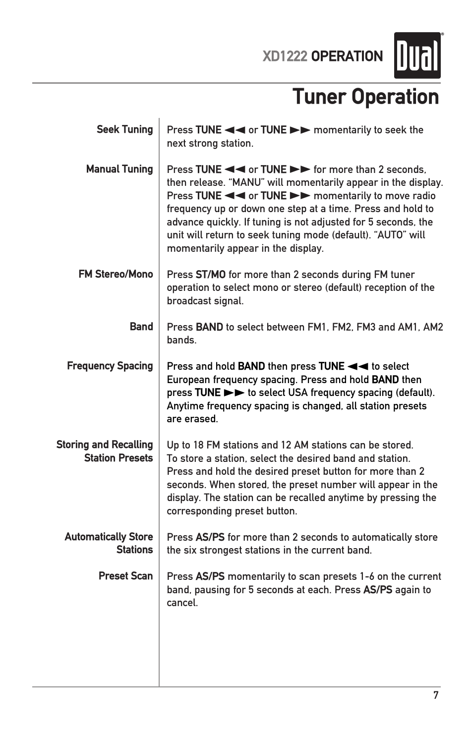 Tuner operation | Dual XD1222 User Manual | Page 7 / 12