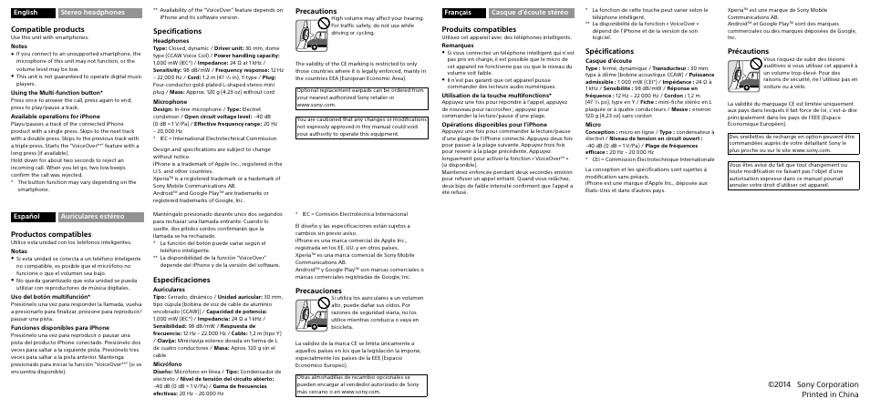 2014 sony corporation printed in china, Specifications, Spécifications | Especificaciones, Compatible products, Produits compatibles, Productos compatibles, Precautions, Précautions, Precauciones | Sony LMD-A170 17" LCD Production Monitor User Manual | Page 2 / 2