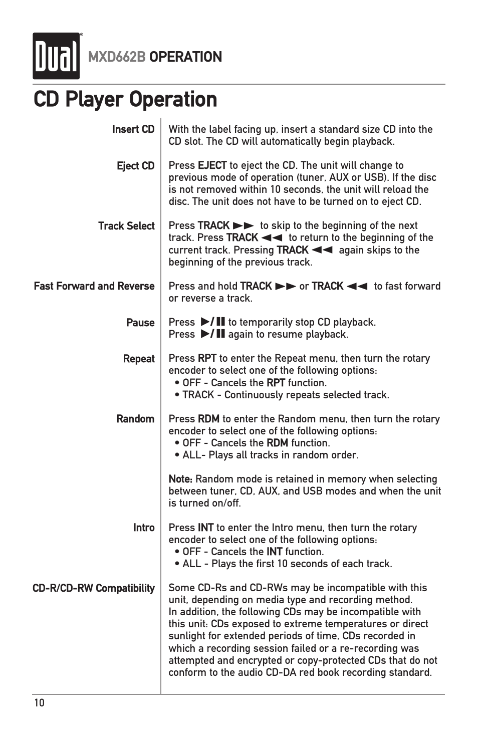 Cd player operation, Mxd662b operation | Dual MARINERECEIVERWITHDETACHABLEFACE MXD662B User Manual | Page 10 / 24