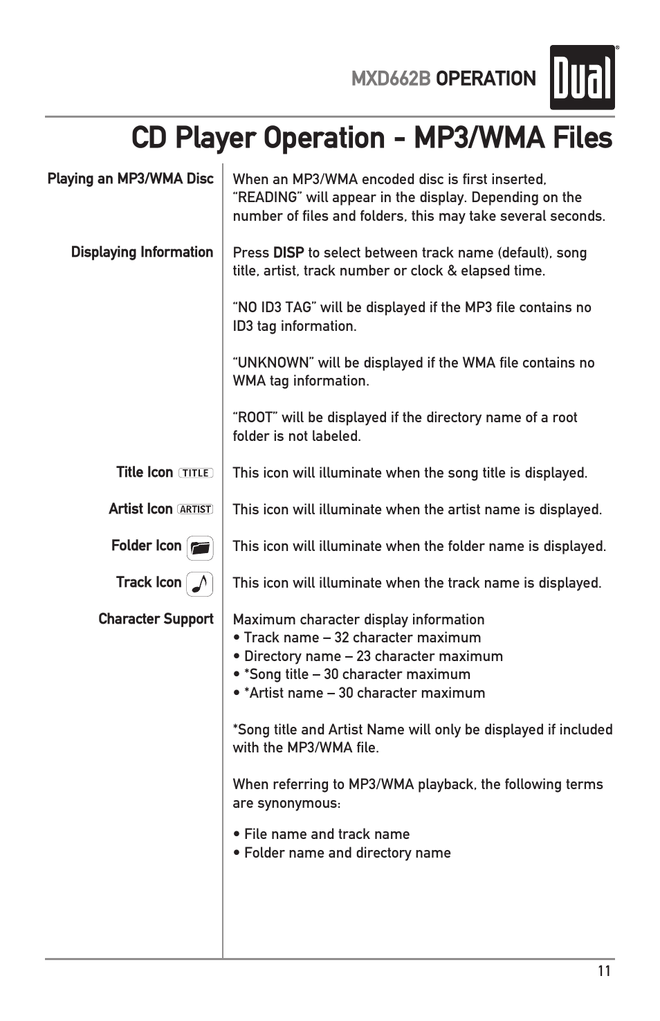Cd player operation - mp3/wma files, Mxd662b operation | Dual MARINERECEIVERWITHDETACHABLEFACE MXD662B User Manual | Page 11 / 24