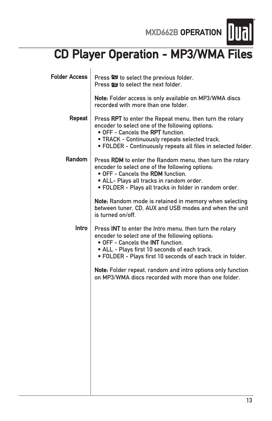 Cd player operation - mp3/wma files, Mxd662b operation | Dual MARINERECEIVERWITHDETACHABLEFACE MXD662B User Manual | Page 13 / 24