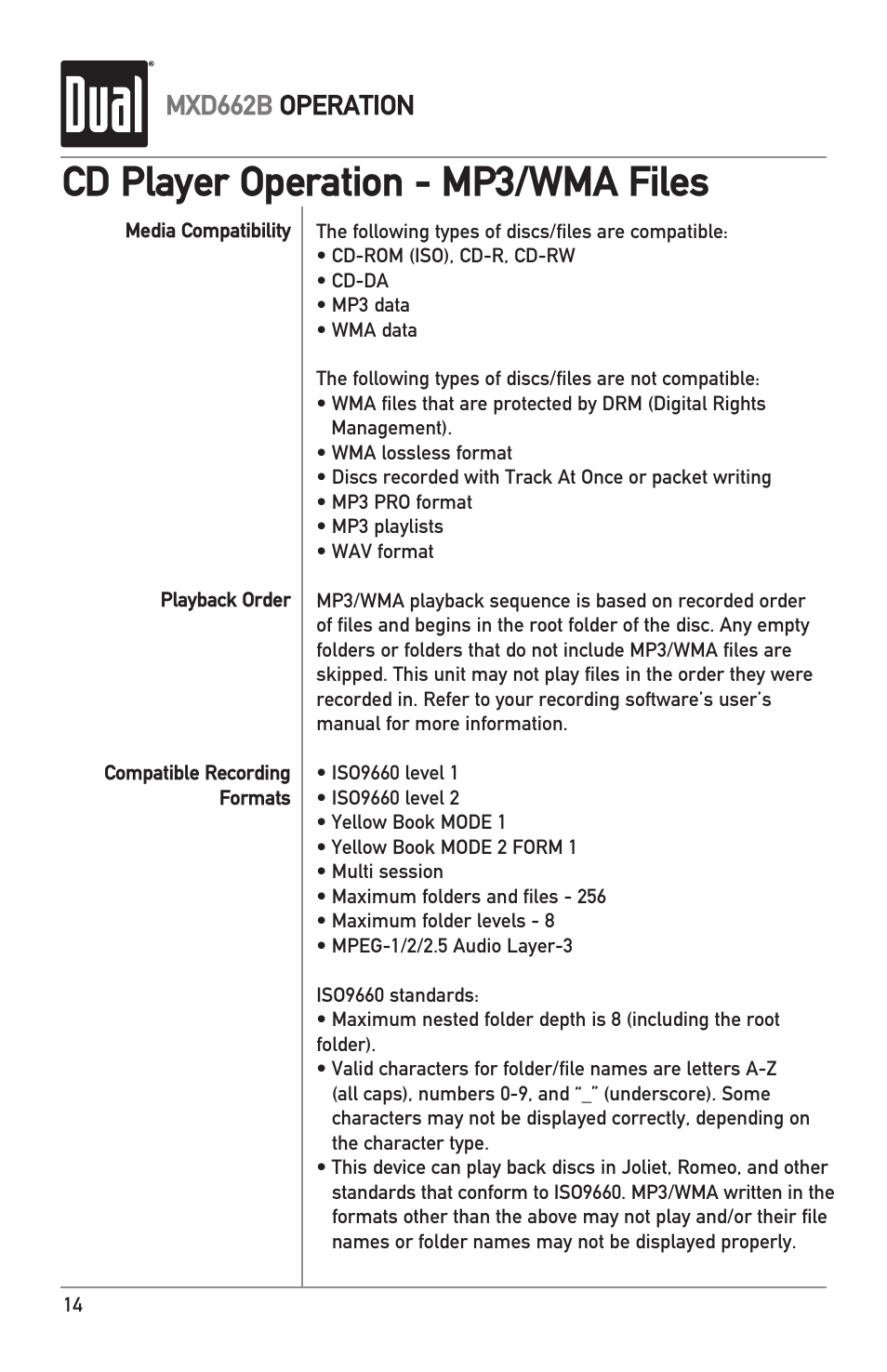 Cd player operation - mp3/wma files, Mxd662b operation | Dual MARINERECEIVERWITHDETACHABLEFACE MXD662B User Manual | Page 14 / 24