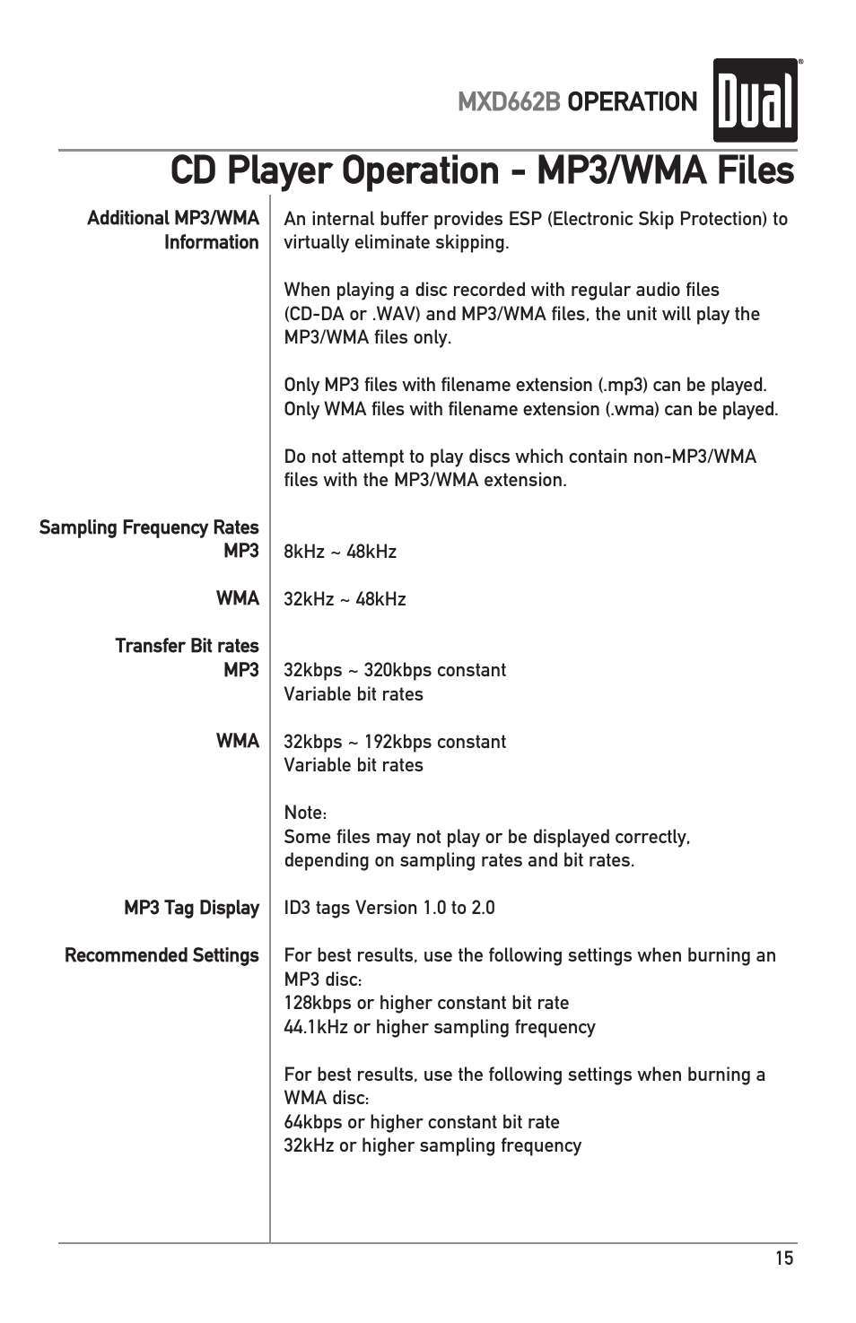 Cd player operation - mp3/wma files, Mxd662b operation | Dual MARINERECEIVERWITHDETACHABLEFACE MXD662B User Manual | Page 15 / 24