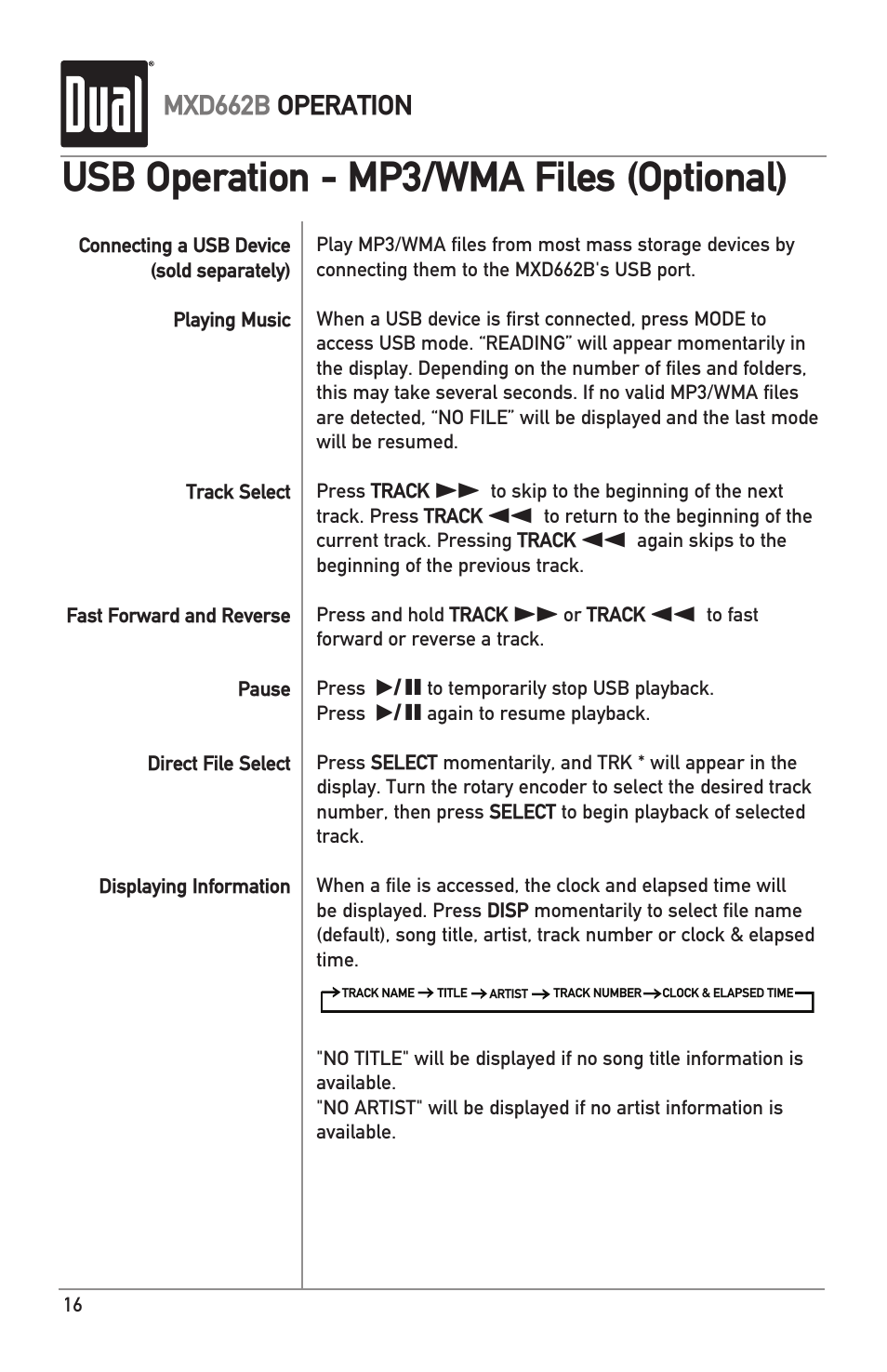 Usb operation - mp3/wma files (optional) | Dual MARINERECEIVERWITHDETACHABLEFACE MXD662B User Manual | Page 16 / 24