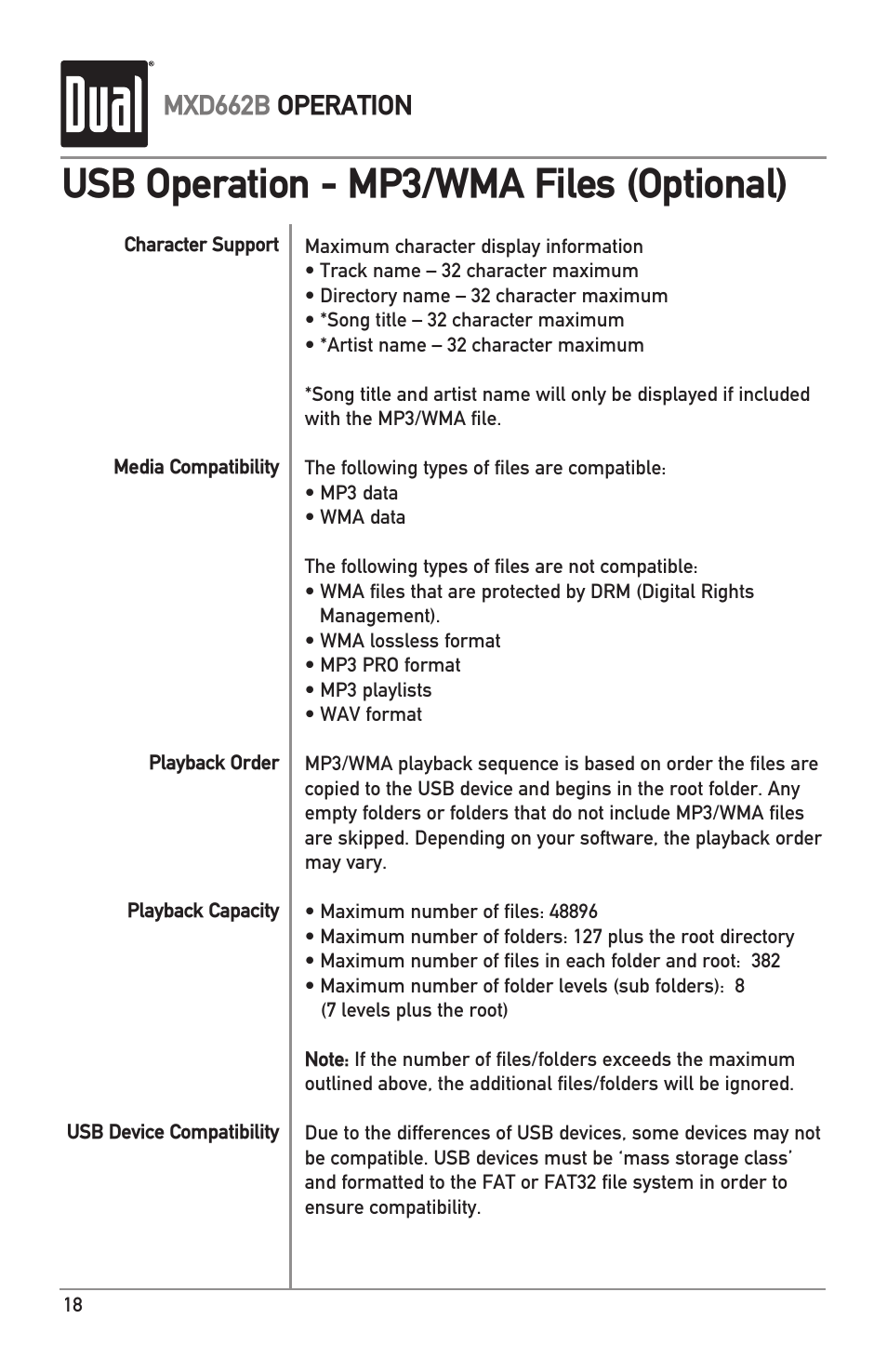 Usb operation - mp3/wma files (optional), Mxd662b operation | Dual MARINERECEIVERWITHDETACHABLEFACE MXD662B User Manual | Page 18 / 24