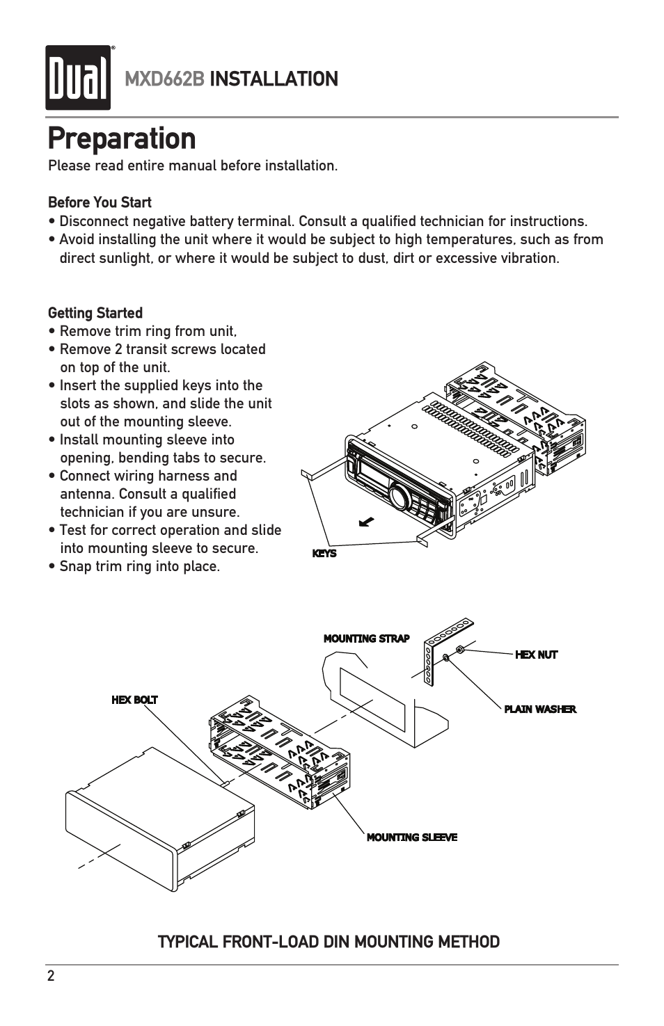 Preparation, Mxd662b installation, Typical front-load din mounting method | Dual MARINERECEIVERWITHDETACHABLEFACE MXD662B User Manual | Page 2 / 24