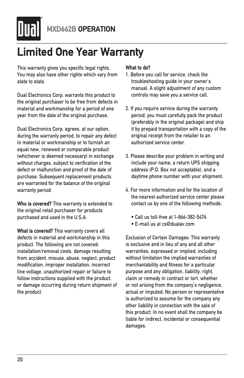 Limited one year warranty, Mxd662b operation | Dual MARINERECEIVERWITHDETACHABLEFACE MXD662B User Manual | Page 20 / 24