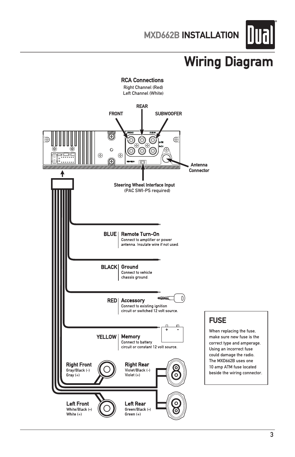 Wiring diagram, Mxd662b installation, Fuse | Dual MARINERECEIVERWITHDETACHABLEFACE MXD662B User Manual | Page 3 / 24