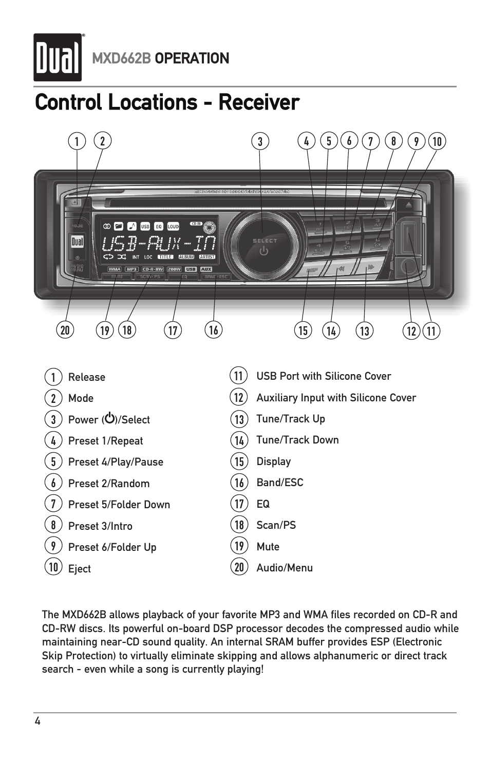 Control locations - receiver, Mxd662b operation | Dual MARINERECEIVERWITHDETACHABLEFACE MXD662B User Manual | Page 4 / 24