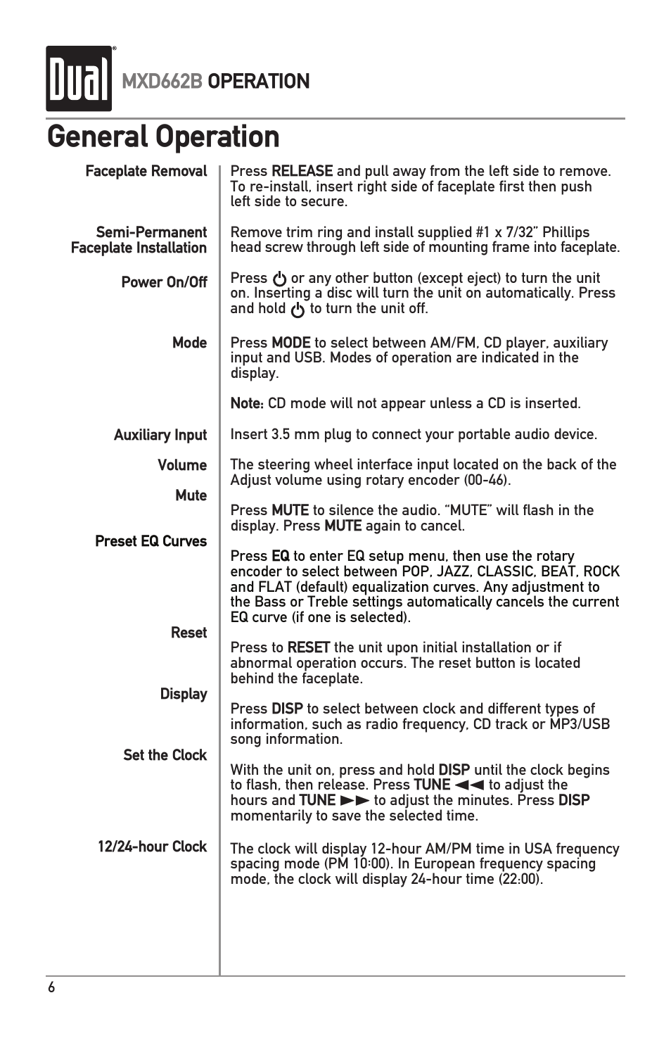 General operation, Mxd662b operation | Dual MARINERECEIVERWITHDETACHABLEFACE MXD662B User Manual | Page 6 / 24