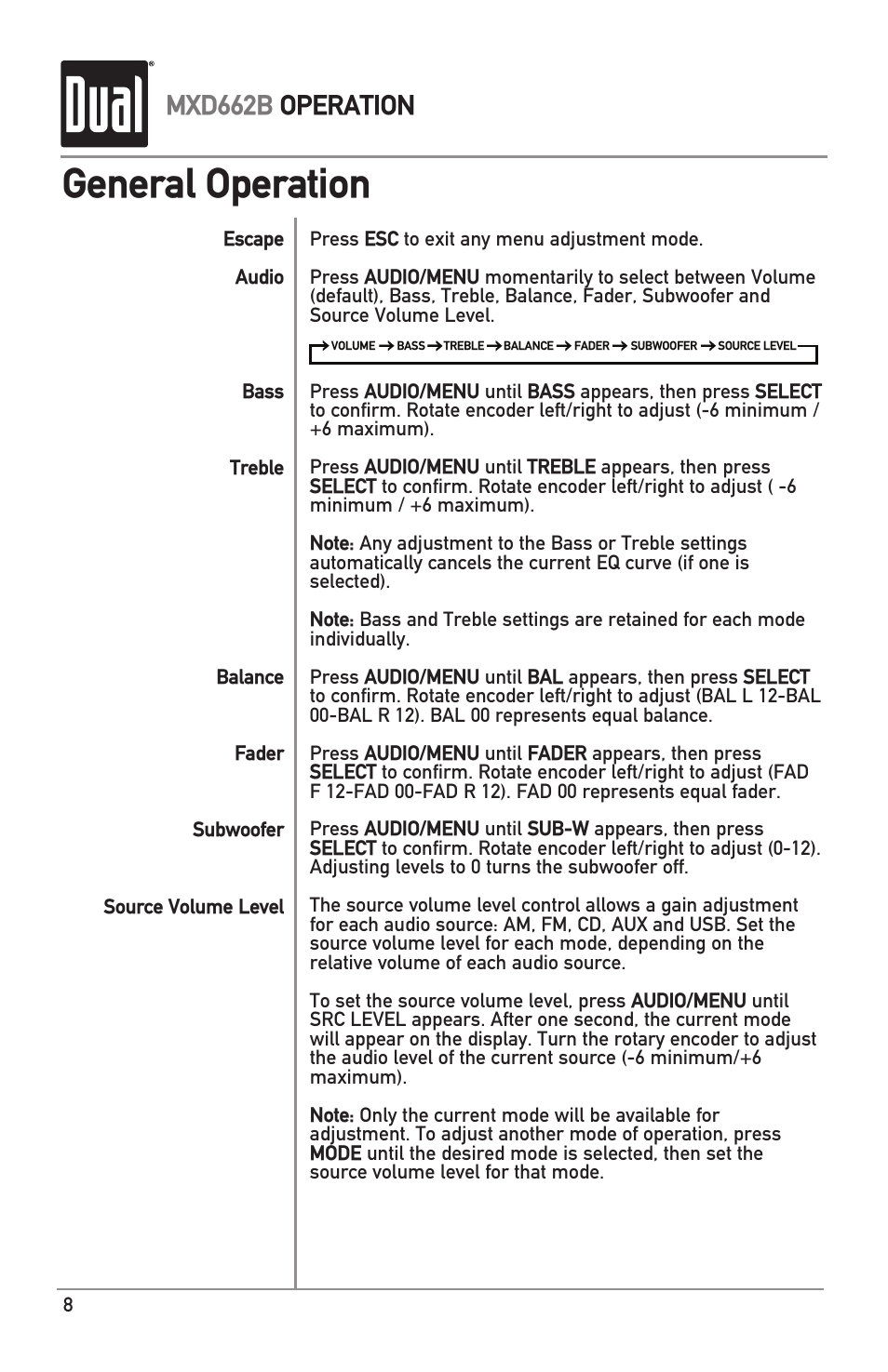 General operation, Mxd662b operation | Dual MARINERECEIVERWITHDETACHABLEFACE MXD662B User Manual | Page 8 / 24