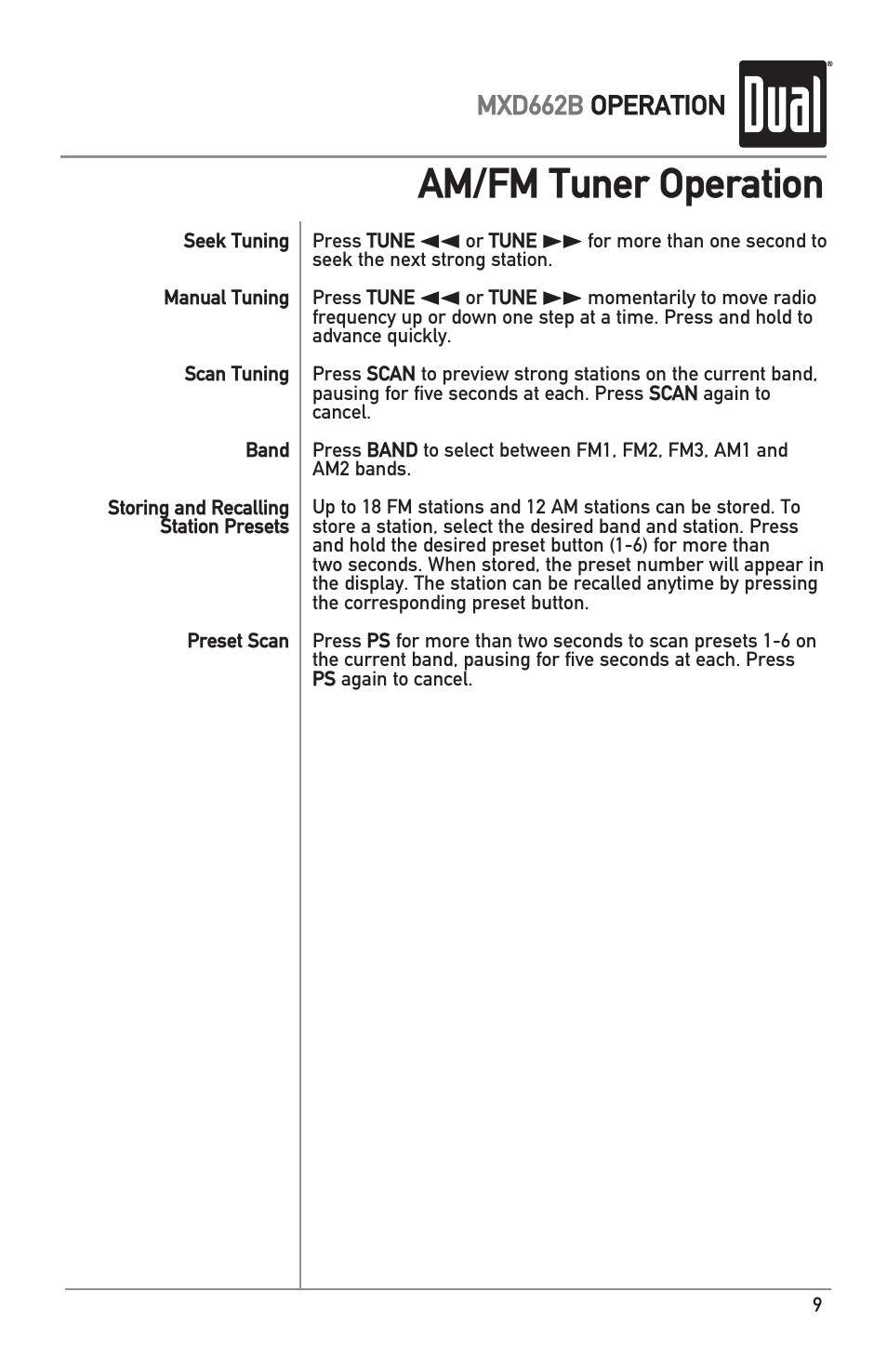 Am/fm tuner operation, Mxd662b operation | Dual MARINERECEIVERWITHDETACHABLEFACE MXD662B User Manual | Page 9 / 24