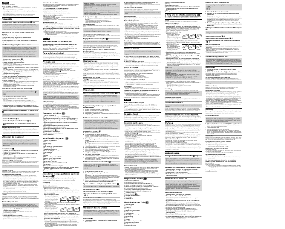 Mantenimiento, Preparación, Utilización de esta unidad | Para los clientes de europa, Característica principal, Precauciones, Elementos incluidos (  ), Identificación de partes (  ), Préparatifs, Utilisation de ce caisson | Sony VPLL-3032 Fixed Long Throw Lens (3.18:1 to 4.84:1) User Manual | Page 2 / 2