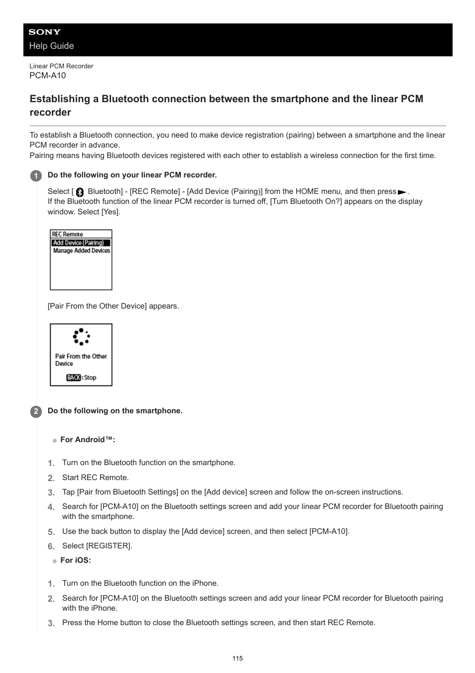 Establishing a bluetooth connection between the, Smartphone and the linear pcm recorder | Sony VPLL-3024 Fixed Short Throw Lens (2.34:1 to 3.19:1) User Manual | Page 115 / 259