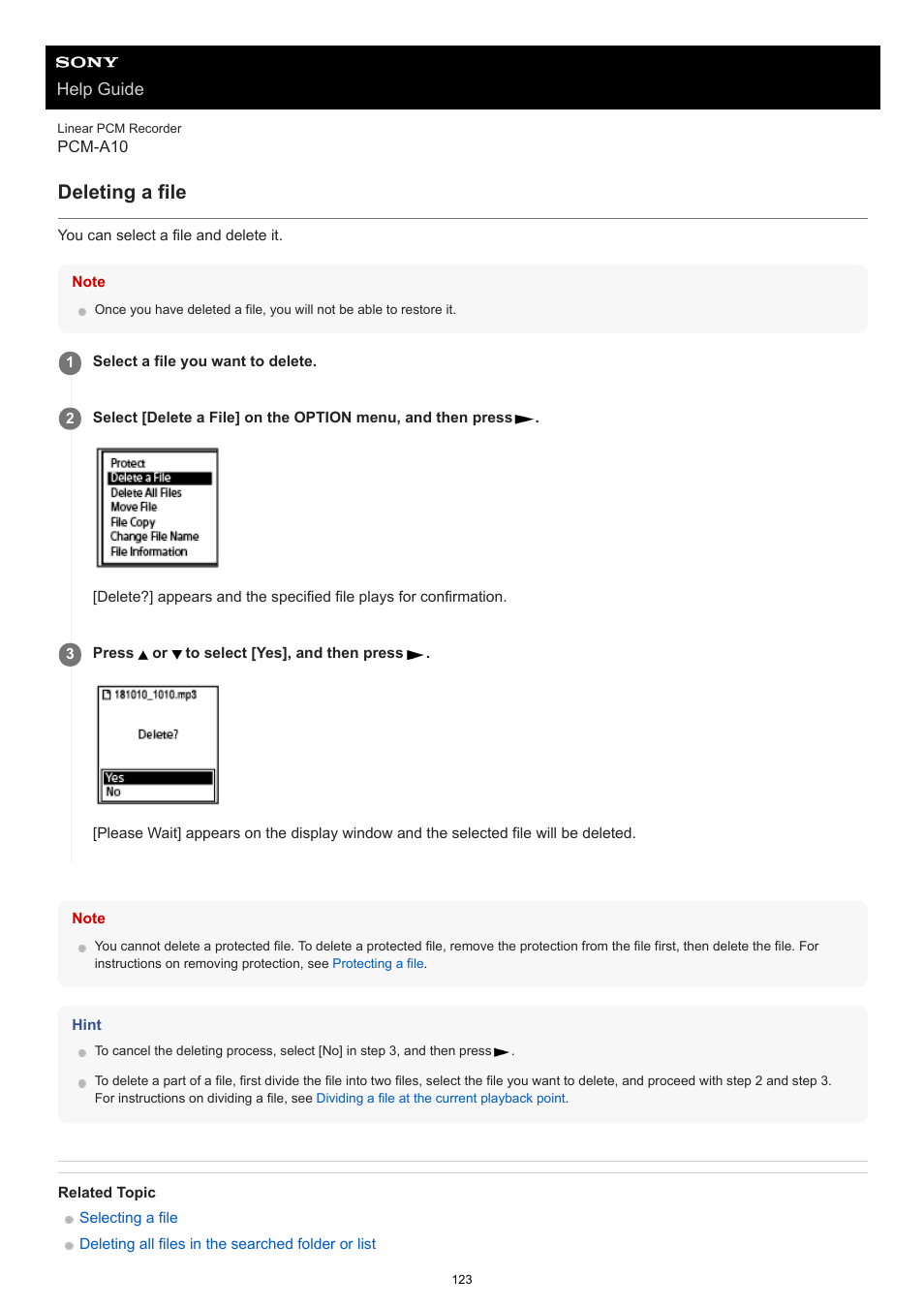 Deleting a file | Sony VPLL-3024 Fixed Short Throw Lens (2.34:1 to 3.19:1) User Manual | Page 123 / 259