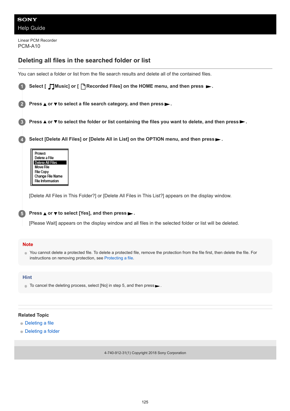 Deleting all files in the searched folder or list | Sony VPLL-3024 Fixed Short Throw Lens (2.34:1 to 3.19:1) User Manual | Page 125 / 259