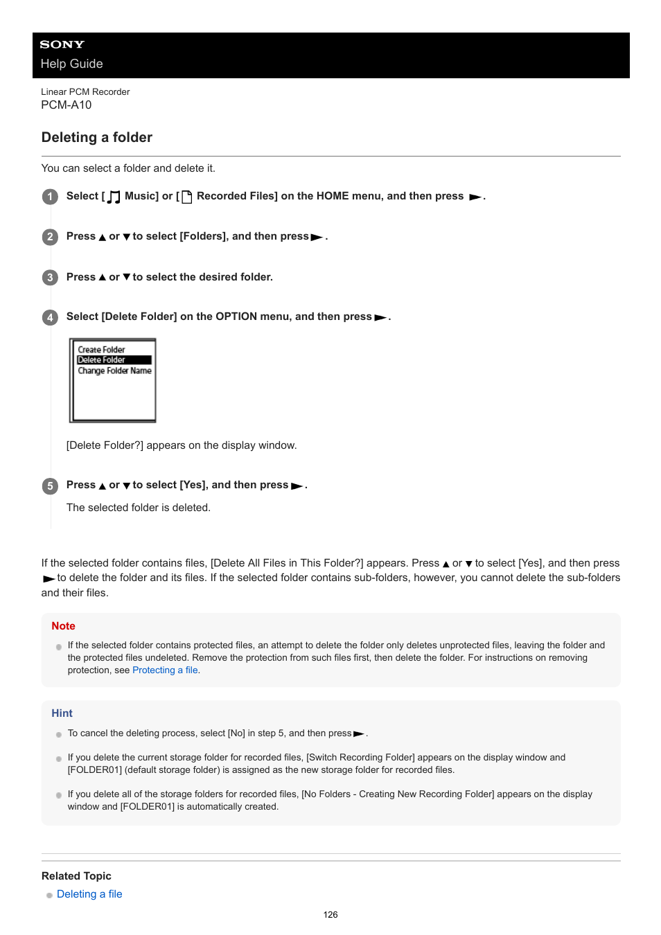 Deleting a folder | Sony VPLL-3024 Fixed Short Throw Lens (2.34:1 to 3.19:1) User Manual | Page 126 / 259