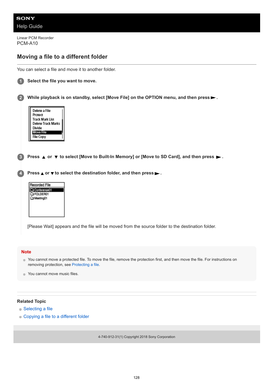 Moving a file to a different folder | Sony VPLL-3024 Fixed Short Throw Lens (2.34:1 to 3.19:1) User Manual | Page 128 / 259