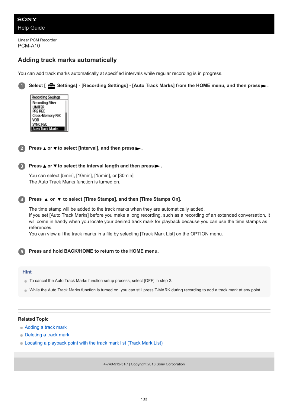 Adding track marks automatically | Sony VPLL-3024 Fixed Short Throw Lens (2.34:1 to 3.19:1) User Manual | Page 133 / 259